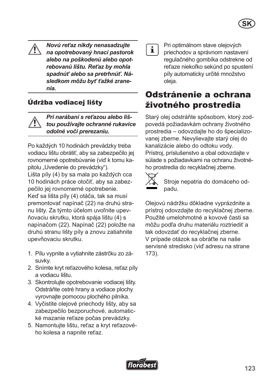 Odstránenie a ochrana životného prostredia | Florabest FKS 2200 B1 User Manual | Page 123 / 174