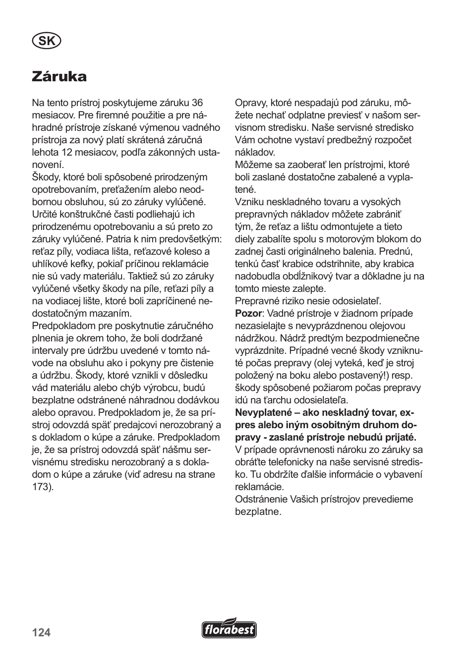 Záruka | Florabest FKS 2200 B1 User Manual | Page 124 / 174