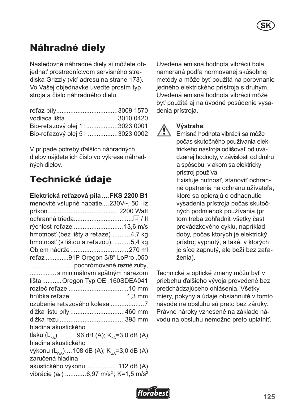 Náhradné diely, Technické údaje | Florabest FKS 2200 B1 User Manual | Page 125 / 174