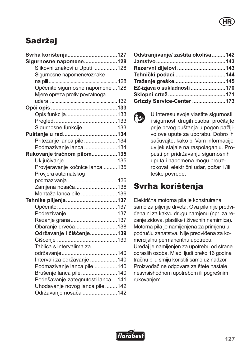 Svrha korištenja, Sadržaj | Florabest FKS 2200 B1 User Manual | Page 127 / 174
