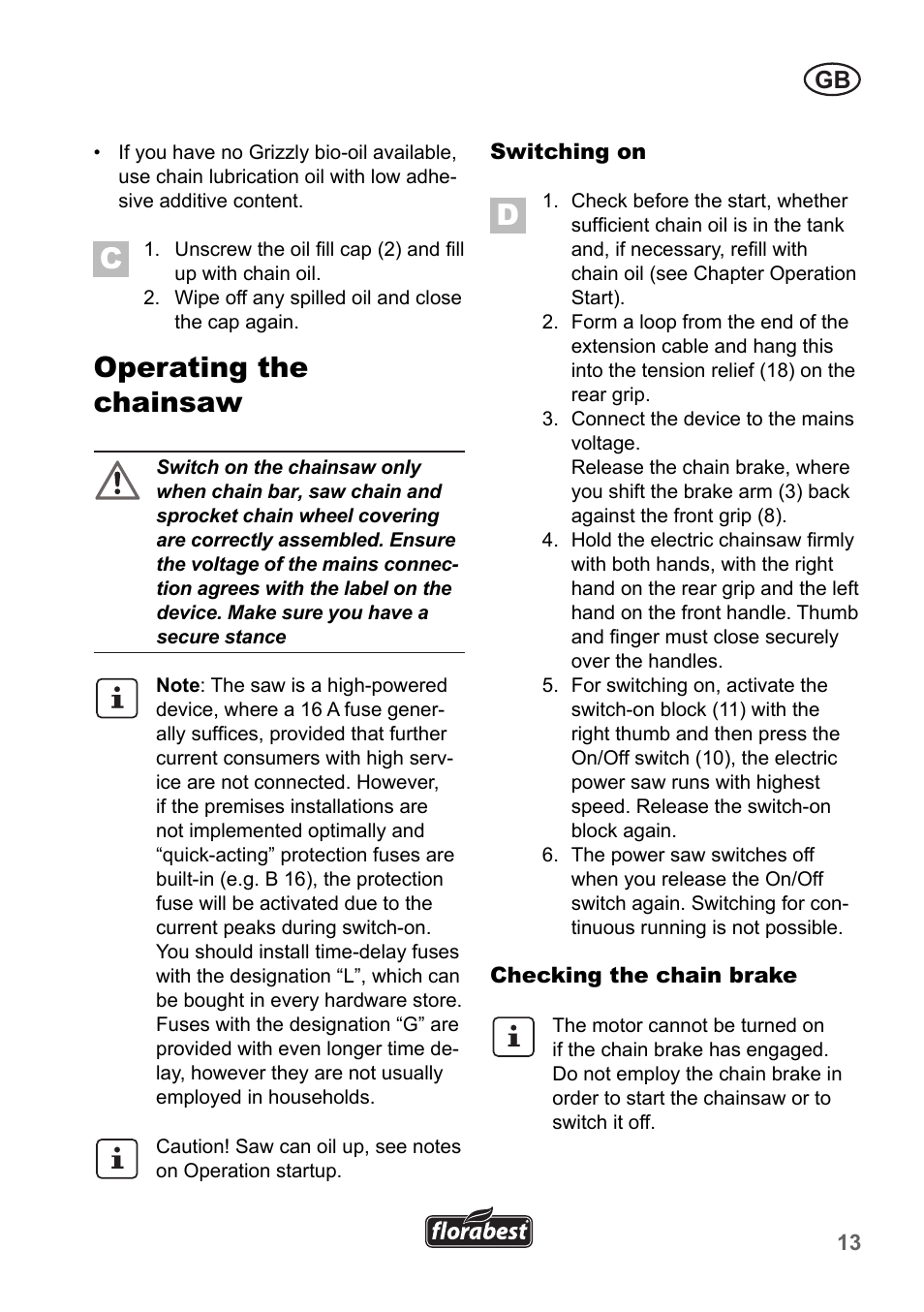 Operating the chainsaw | Florabest FKS 2200 B1 User Manual | Page 13 / 174