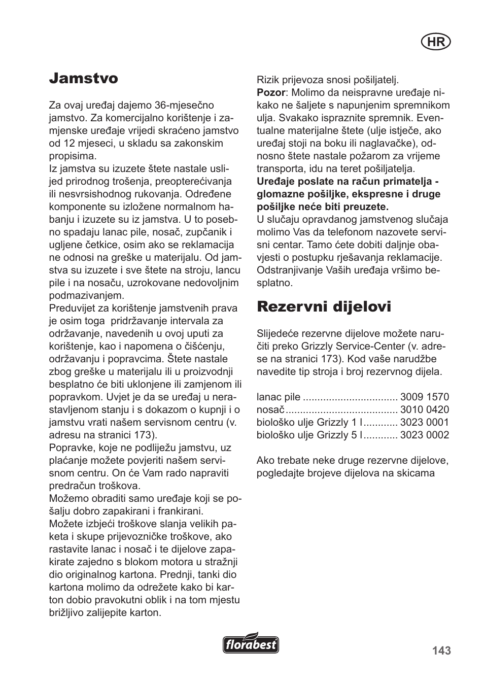 Jamstvo, Rezervni dijelovi | Florabest FKS 2200 B1 User Manual | Page 143 / 174