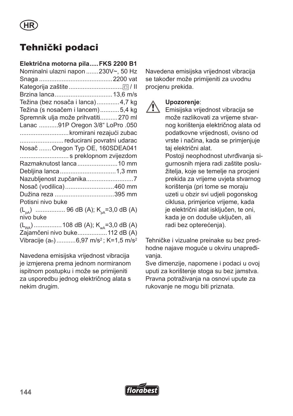 Tehnički podaci | Florabest FKS 2200 B1 User Manual | Page 144 / 174