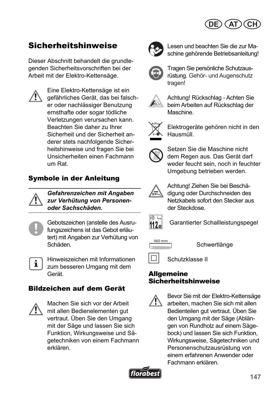 Sicherheitshinweise, At ch de | Florabest FKS 2200 B1 User Manual | Page 147 / 174