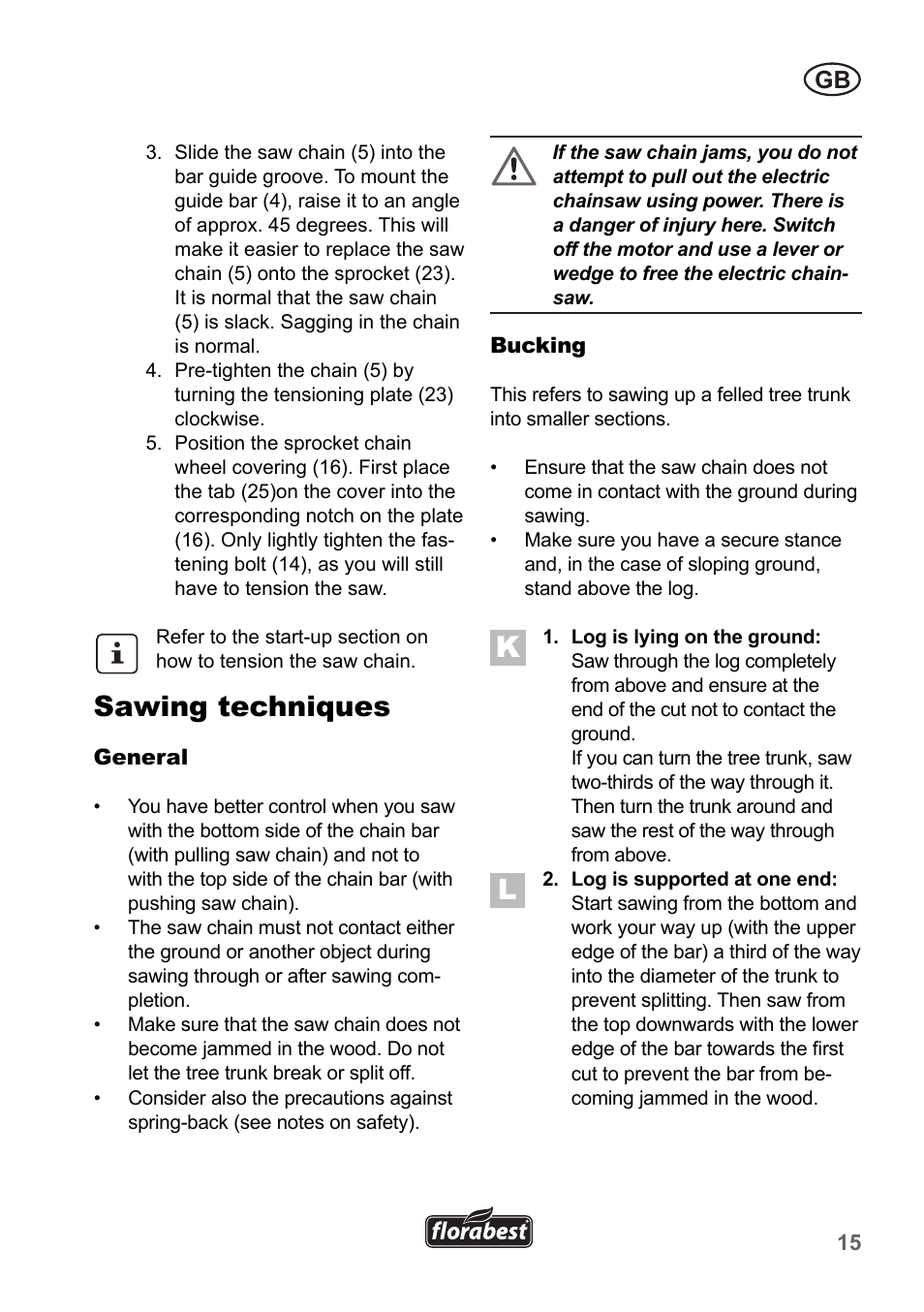 Sawing techniques | Florabest FKS 2200 B1 User Manual | Page 15 / 174