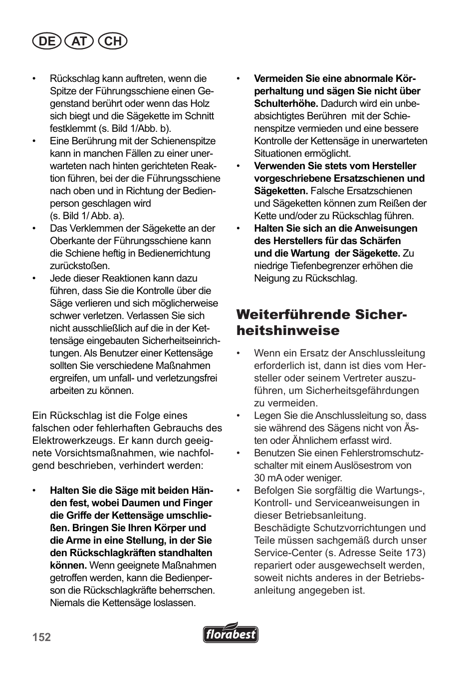 Weiterführende sicher- heitshinweise, De at ch | Florabest FKS 2200 B1 User Manual | Page 152 / 174