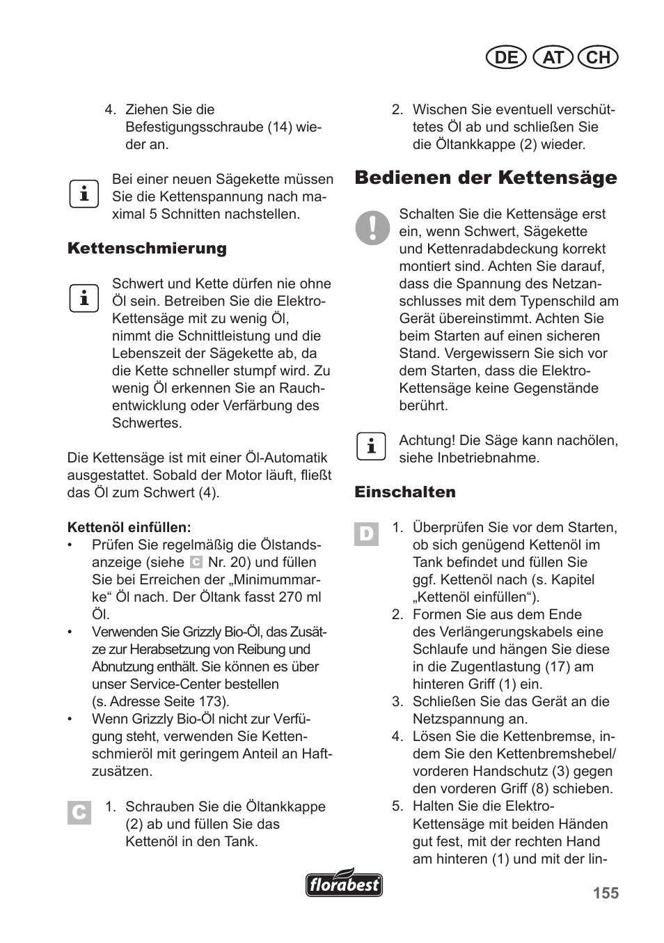 Bedienen der kettensäge, At ch de | Florabest FKS 2200 B1 User Manual | Page 155 / 174