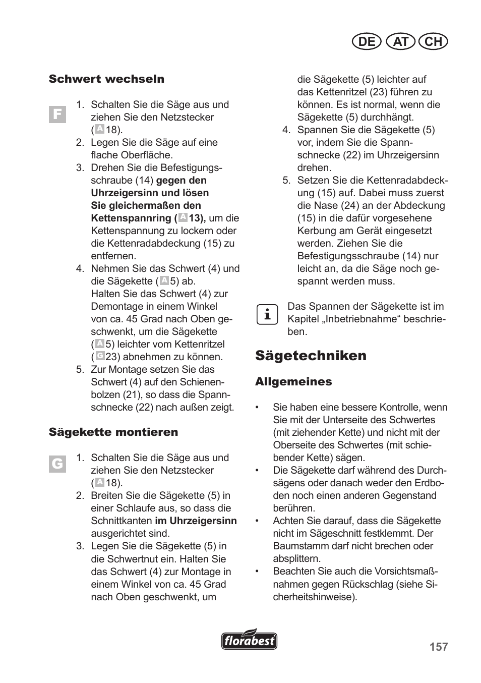 Sägetechniken, At ch de | Florabest FKS 2200 B1 User Manual | Page 157 / 174