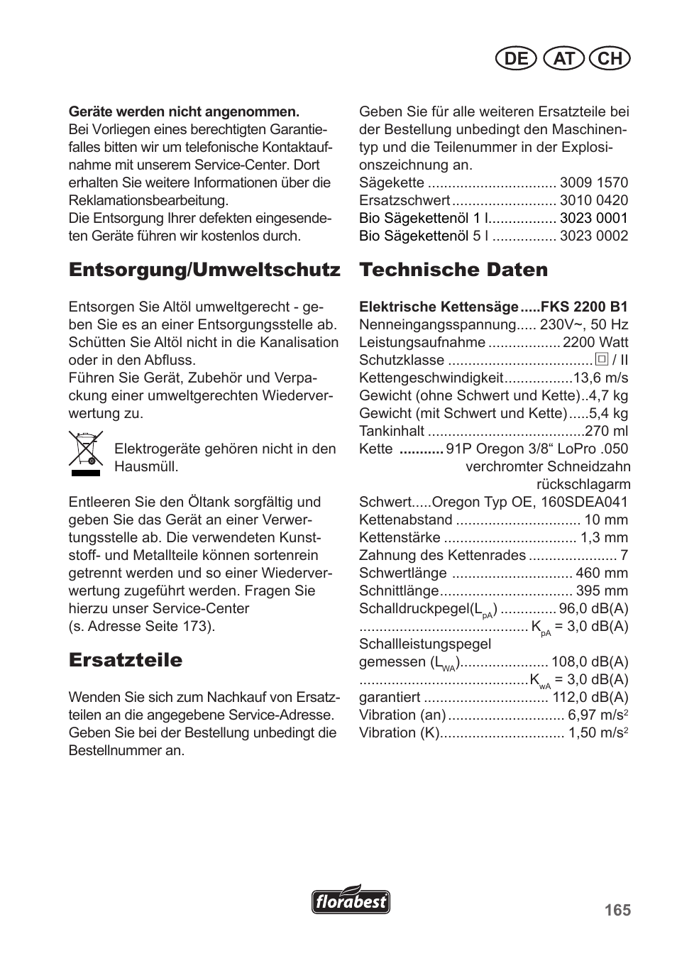 Entsorgung/umweltschutz, Ersatzteile, Technische daten | At ch de | Florabest FKS 2200 B1 User Manual | Page 165 / 174