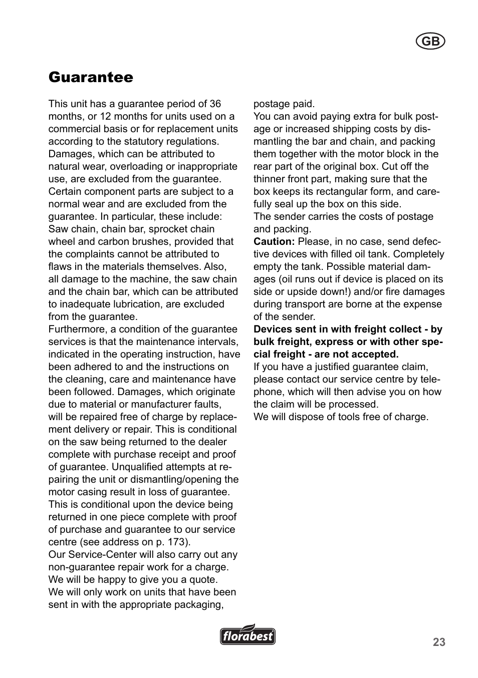 Guarantee | Florabest FKS 2200 B1 User Manual | Page 23 / 174