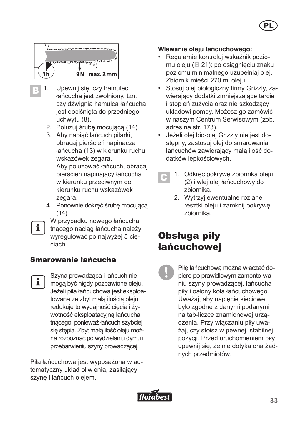 Obsługa piły łańcuchowej | Florabest FKS 2200 B1 User Manual | Page 33 / 174