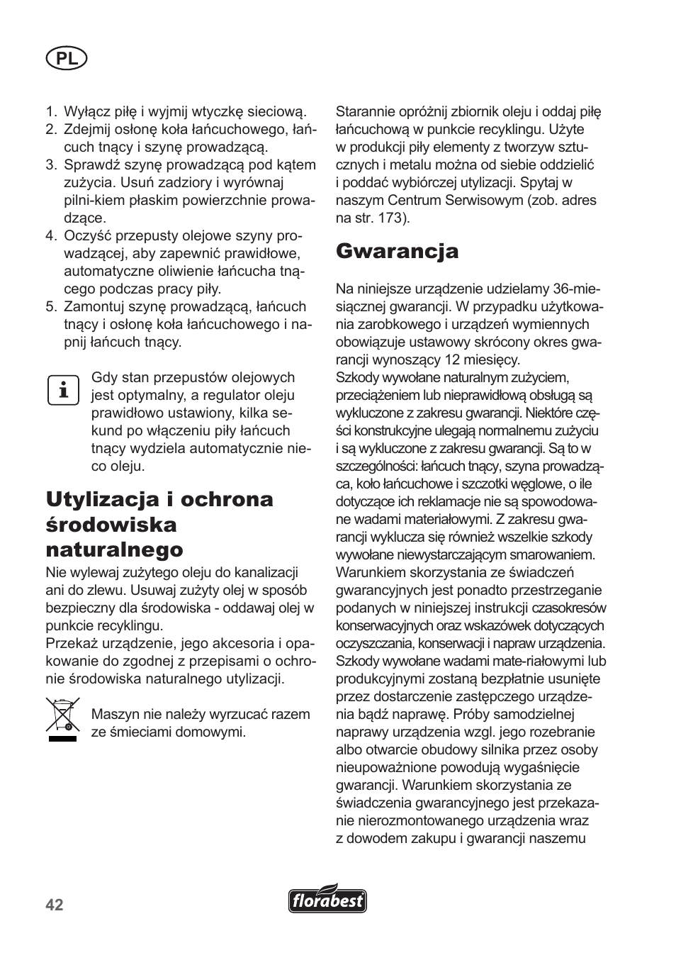 Utylizacja i ochrona środowiska naturalnego, Gwarancja | Florabest FKS 2200 B1 User Manual | Page 42 / 174