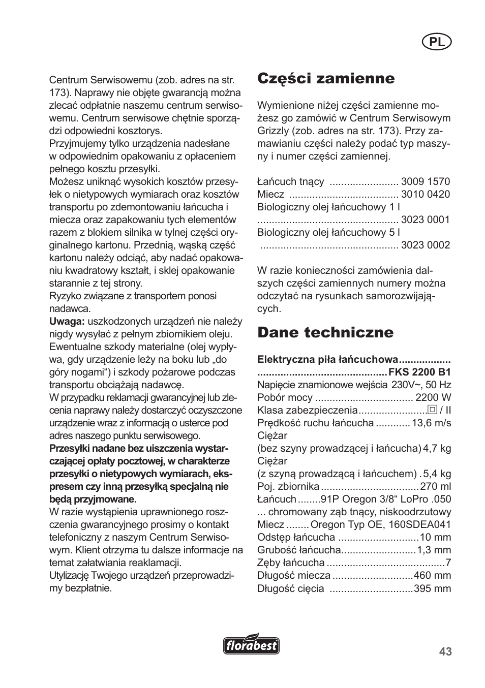 Części zamienne, Dane techniczne | Florabest FKS 2200 B1 User Manual | Page 43 / 174
