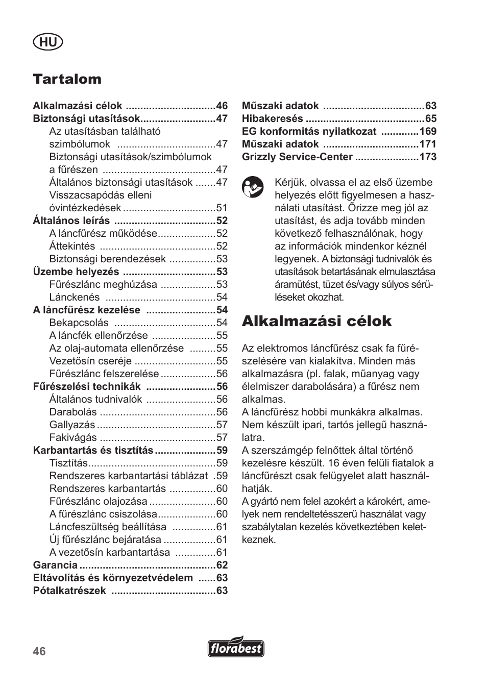 Alkalmazási célok, Tartalom | Florabest FKS 2200 B1 User Manual | Page 46 / 174