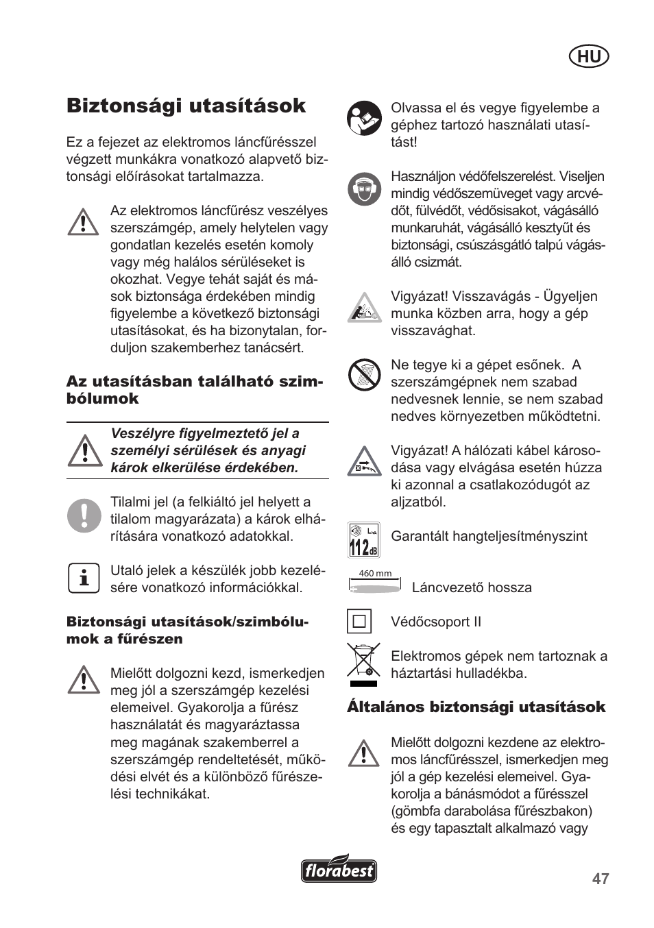 Biztonsági utasítások | Florabest FKS 2200 B1 User Manual | Page 47 / 174