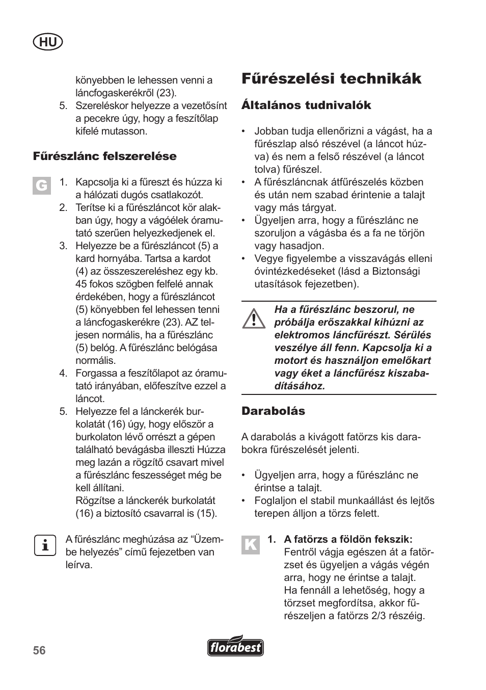 Fűrészelési technikák | Florabest FKS 2200 B1 User Manual | Page 56 / 174