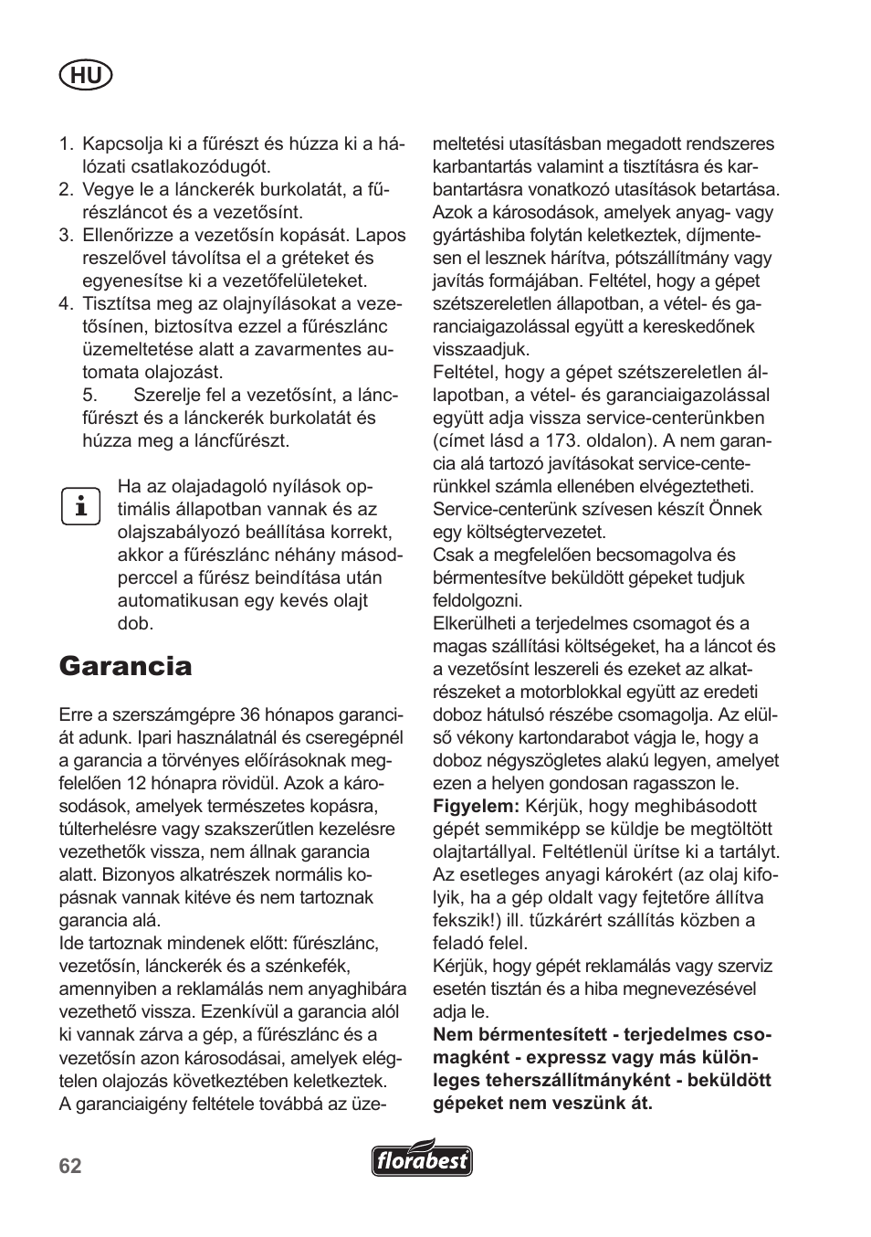 Garancia | Florabest FKS 2200 B1 User Manual | Page 62 / 174