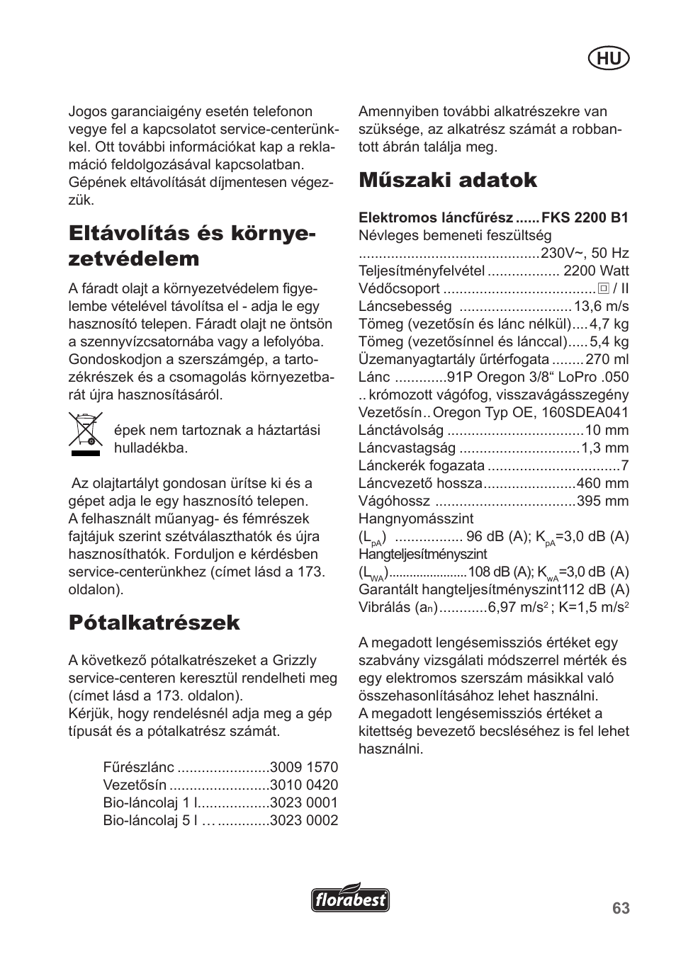Eltávolítás és környe- zetvédelem, Pótalkatrészek, Műszaki adatok | Florabest FKS 2200 B1 User Manual | Page 63 / 174