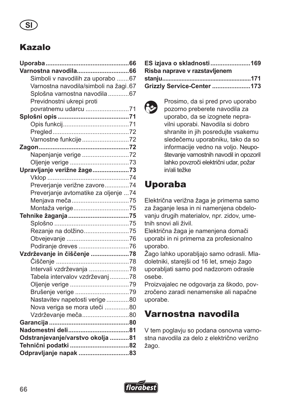 Uporaba, Varnostna navodila, Kazalo | Florabest FKS 2200 B1 User Manual | Page 66 / 174