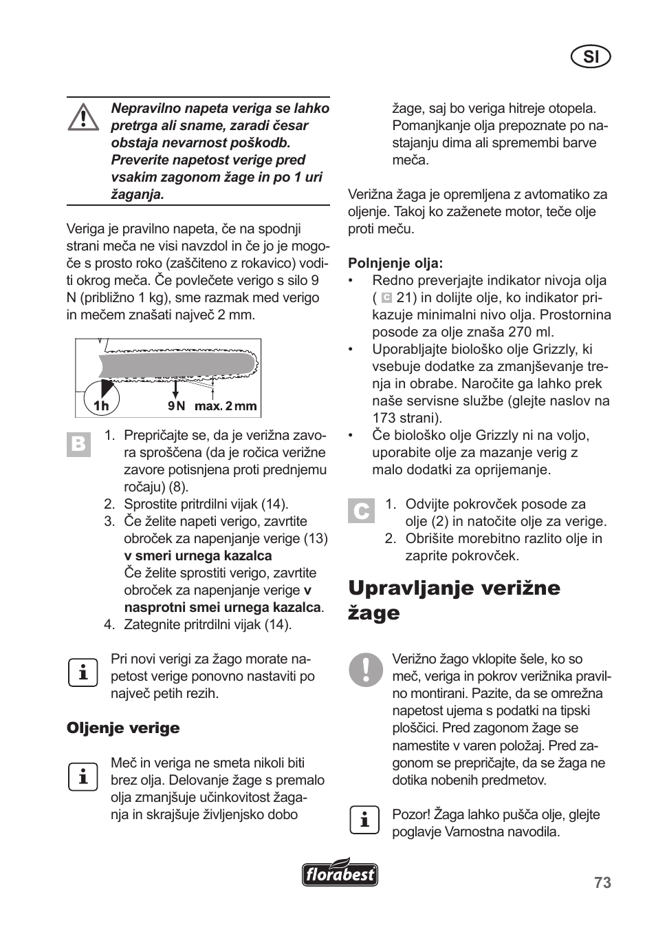 Upravljanje verižne žage | Florabest FKS 2200 B1 User Manual | Page 73 / 174