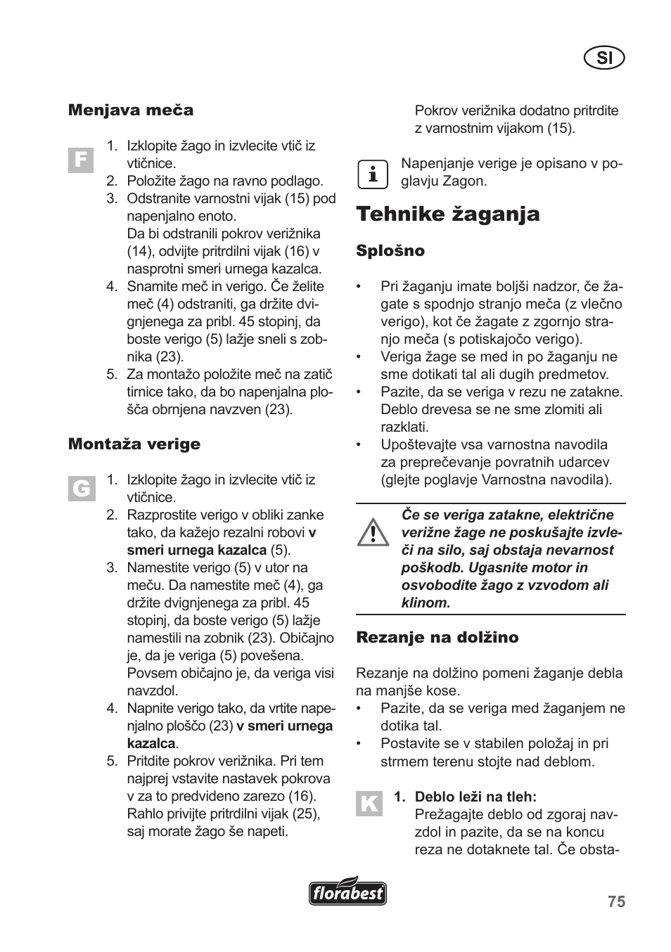 Tehnike žaganja | Florabest FKS 2200 B1 User Manual | Page 75 / 174