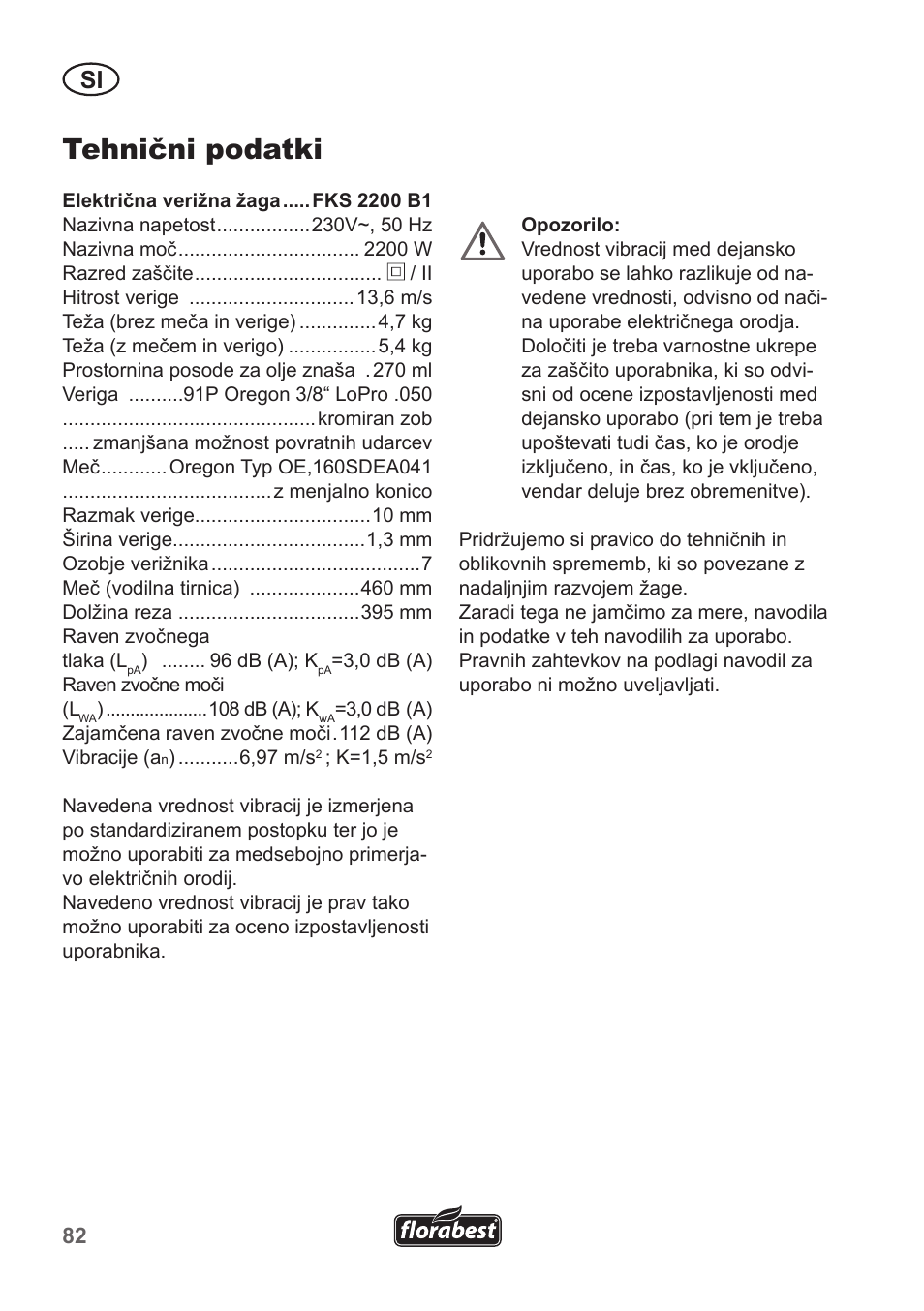 Tehnični podatki | Florabest FKS 2200 B1 User Manual | Page 82 / 174