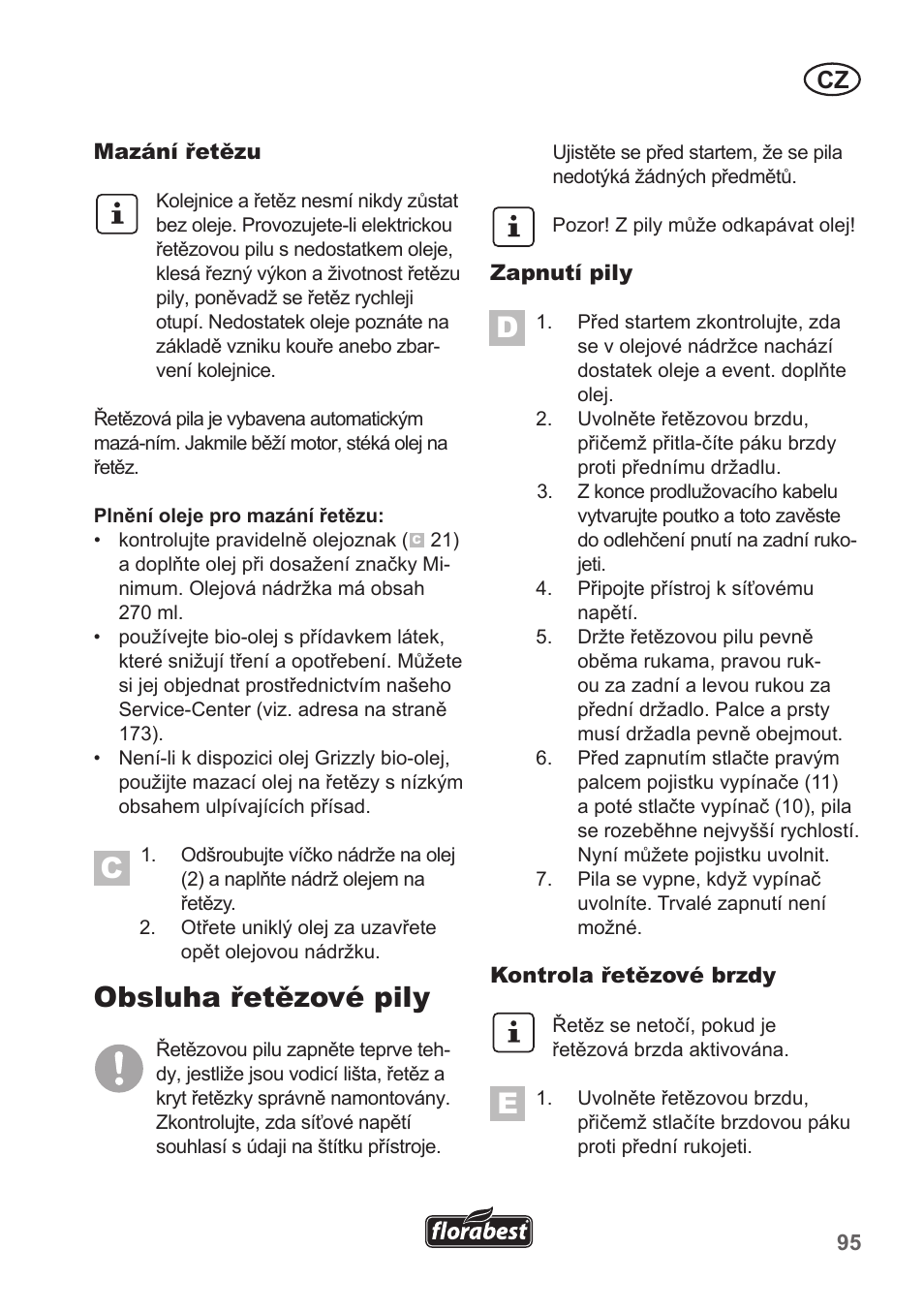Obsluha řetězové pily | Florabest FKS 2200 B1 User Manual | Page 95 / 174