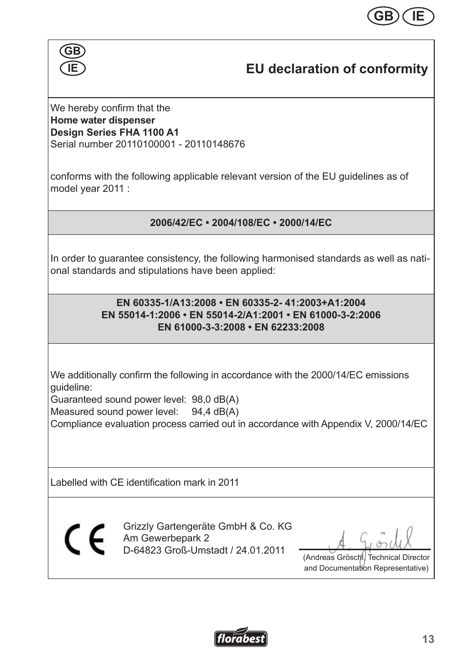 Ie gb eu declaration of conformity | Florabest FHA 1100 A1 User Manual | Page 13 / 18