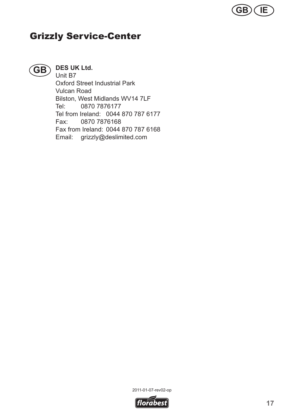 Grizzly service-center, Ie gb | Florabest FHA 1100 A1 User Manual | Page 17 / 18