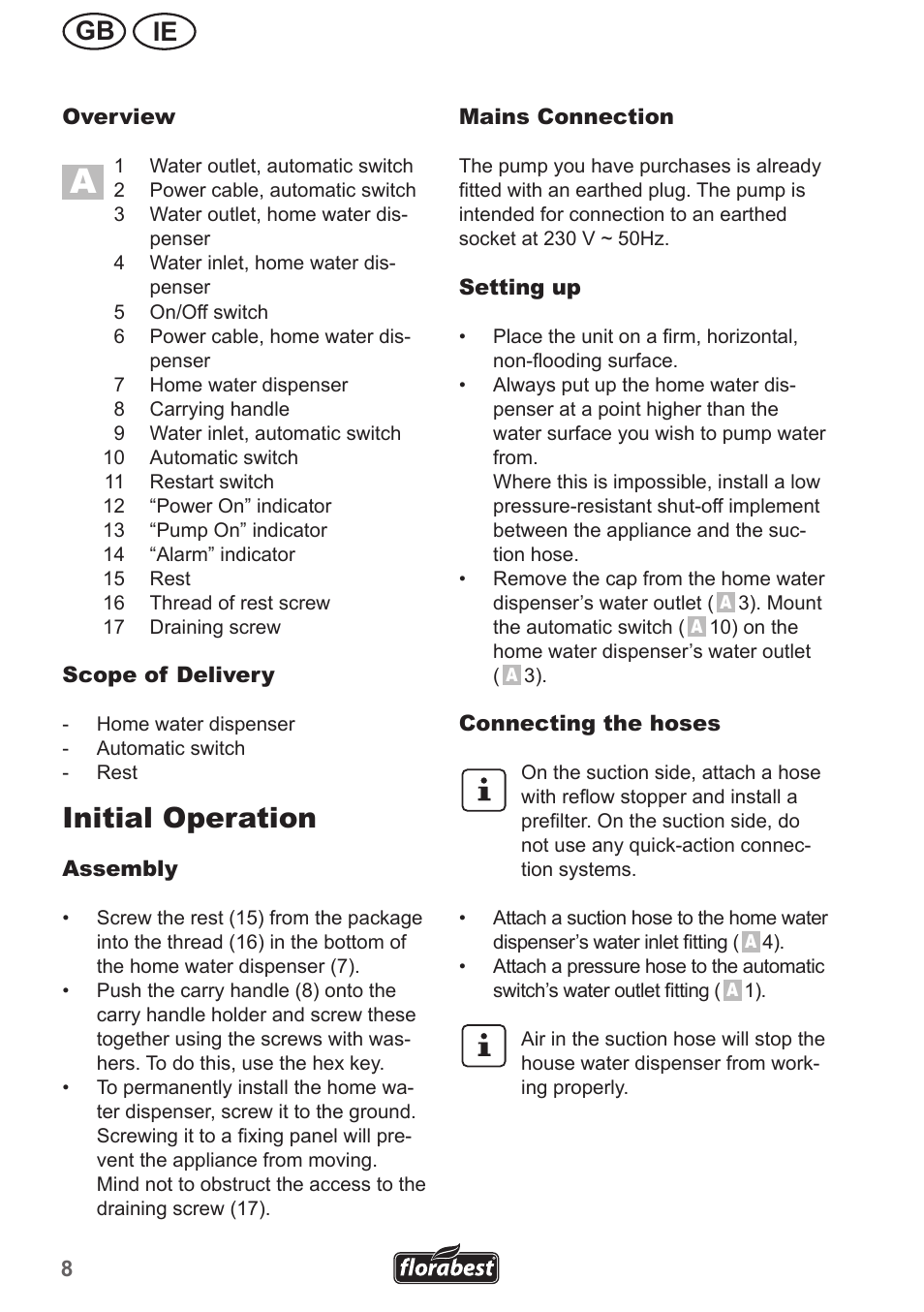 Initial operation, Ie gb | Florabest FHA 1100 A1 User Manual | Page 8 / 18