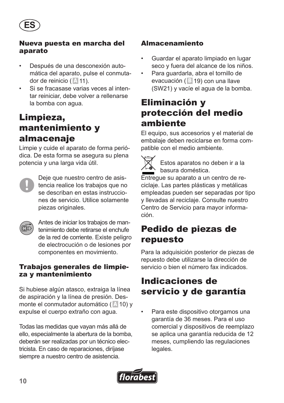 Limpieza, mantenimiento y almacenaje, Eliminación y protección del medio ambiente, Pedido de piezas de repuesto | Indicaciones de servicio y de garantía | Florabest FHA 1100 A1 User Manual | Page 10 / 50