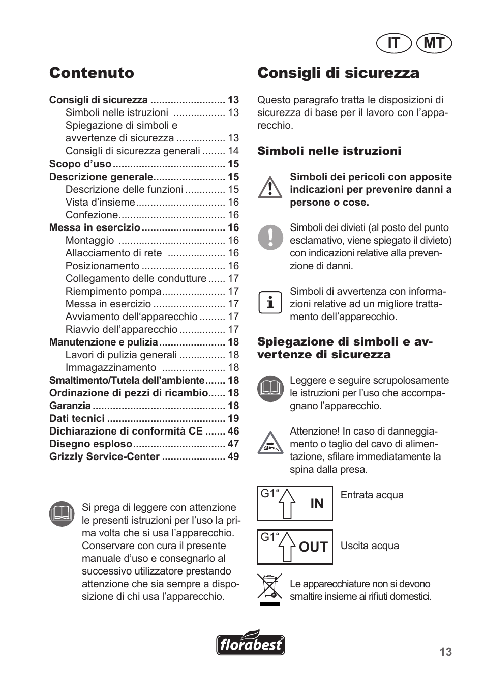 Mt it, Consigli di sicurezza, Contenuto | Florabest FHA 1100 A1 User Manual | Page 13 / 50