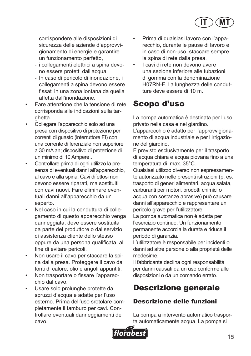 Mt it, Scopo d’uso, Descrizione generale | Florabest FHA 1100 A1 User Manual | Page 15 / 50