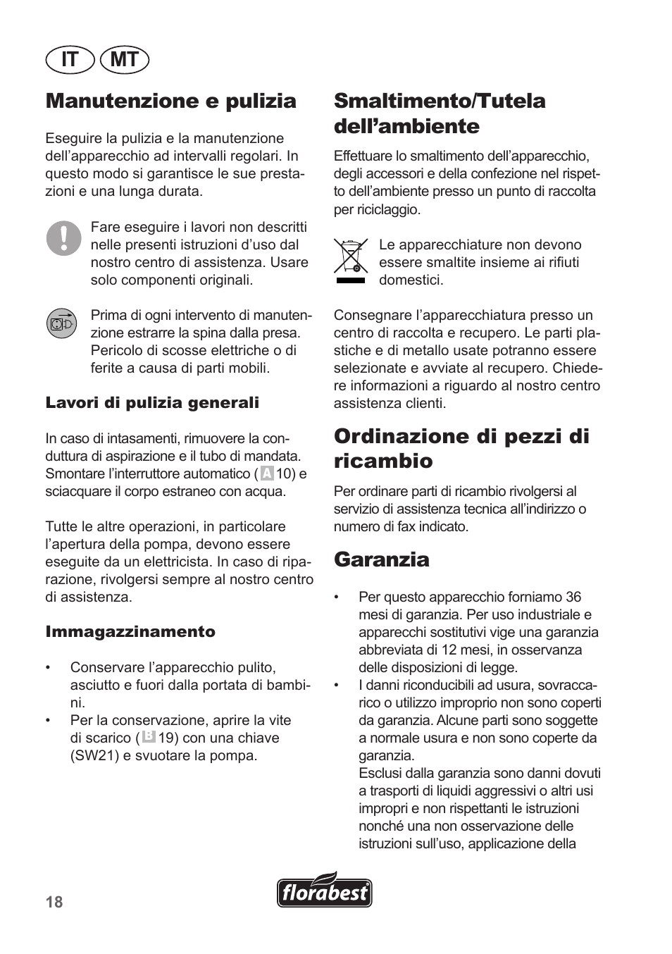 It mt, Manutenzione e pulizia, Smaltimento/tutela dell’ambiente | Ordinazione di pezzi di ricambio, Garanzia | Florabest FHA 1100 A1 User Manual | Page 18 / 50