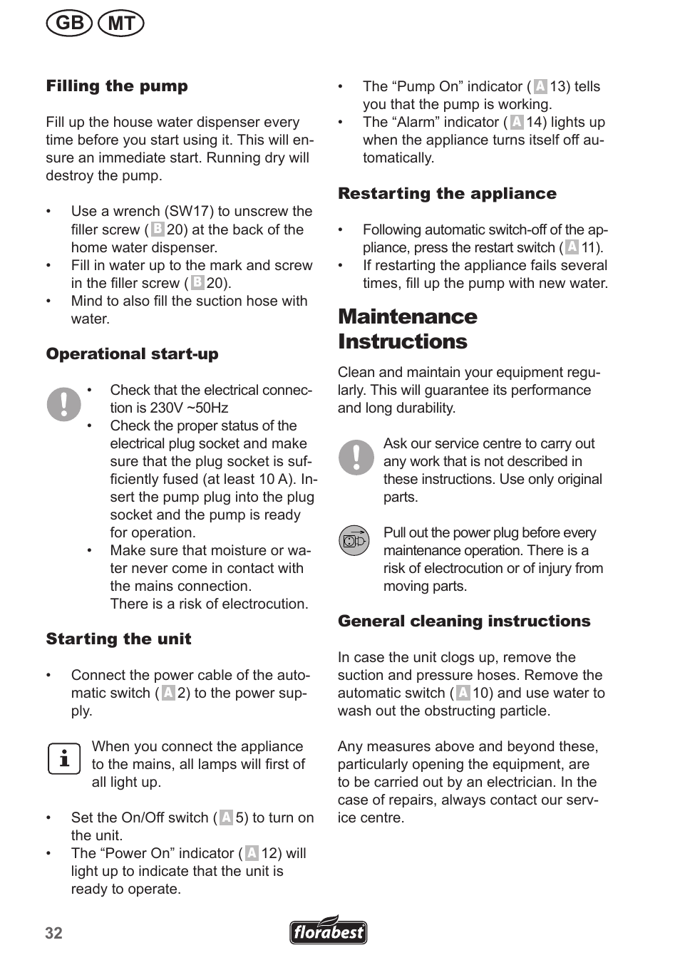 Maintenance instructions, Mt gb | Florabest FHA 1100 A1 User Manual | Page 32 / 50