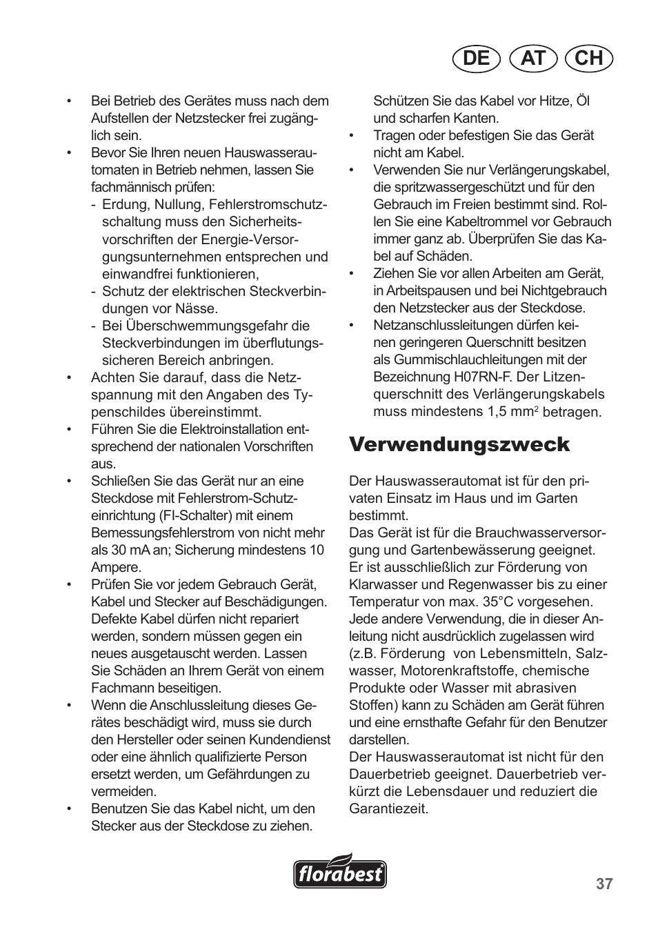 Ch at de, Verwendungszweck | Florabest FHA 1100 A1 User Manual | Page 37 / 50
