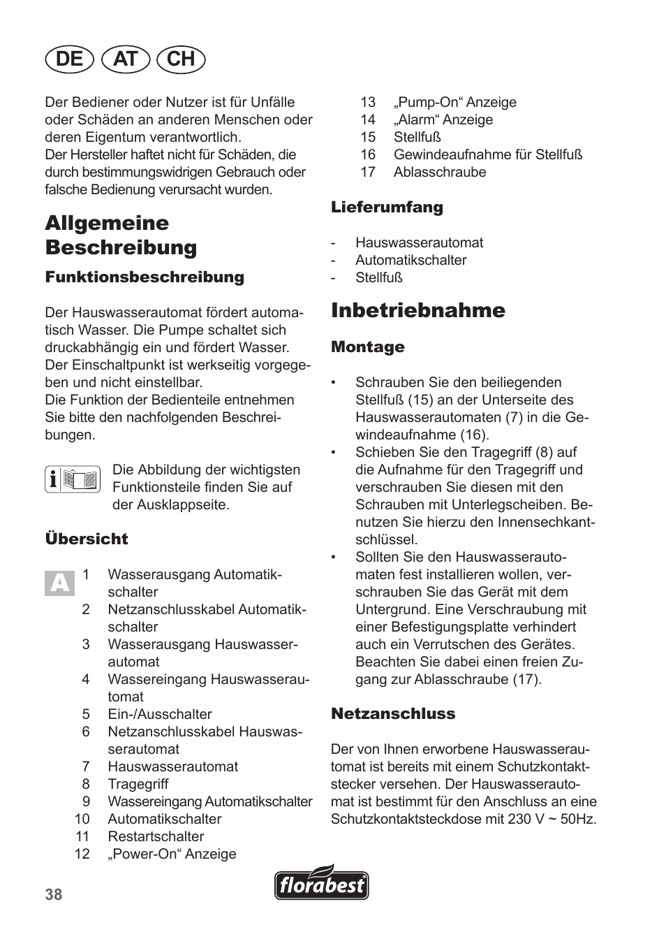 De at ch, Allgemeine beschreibung, Inbetriebnahme | Florabest FHA 1100 A1 User Manual | Page 38 / 50