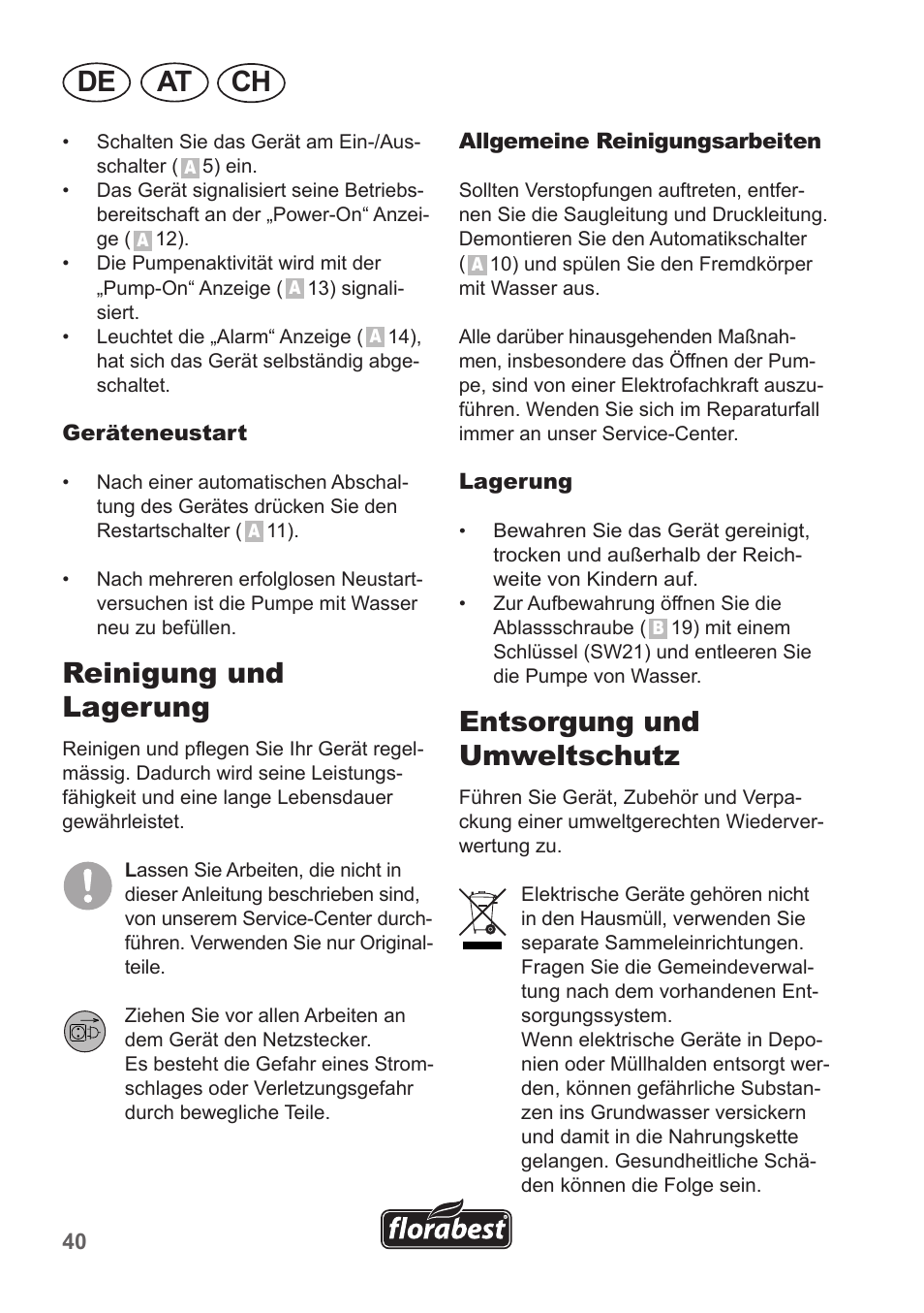 De at ch, Reinigung und lagerung, Entsorgung und umweltschutz | Florabest FHA 1100 A1 User Manual | Page 40 / 50