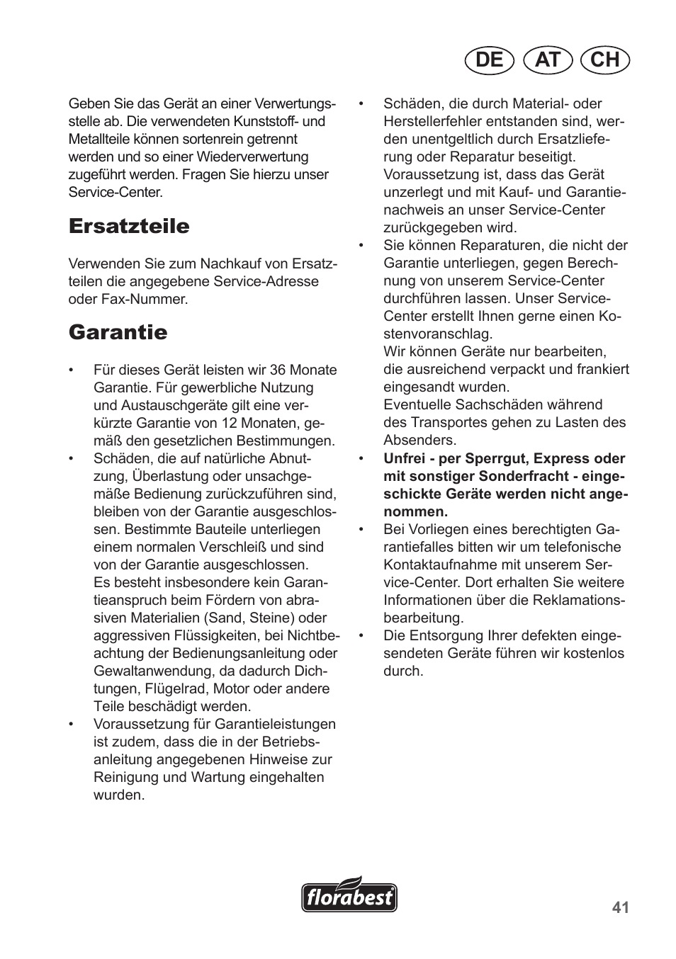 Ch at de, Ersatzteile, Garantie | Florabest FHA 1100 A1 User Manual | Page 41 / 50