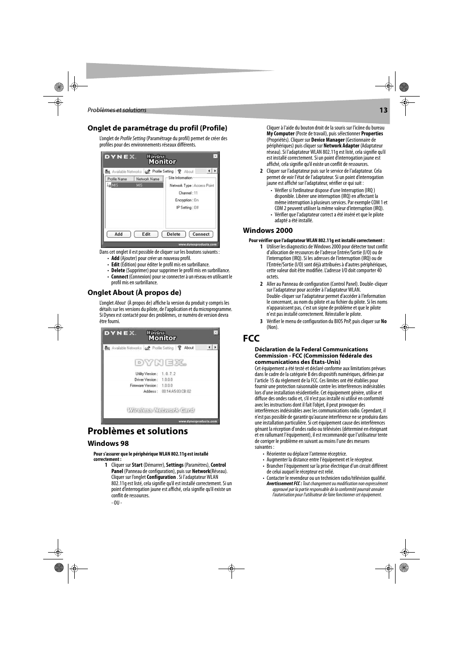 Problèmes et solutions | Dynex DX-WGDTC User Manual | Page 13 / 24