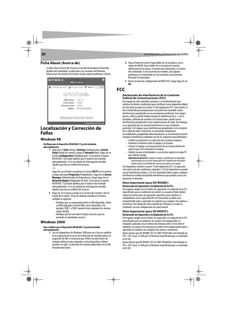 Localización y corrección de fallas | Dynex DX-WGDTC User Manual | Page 20 / 24
