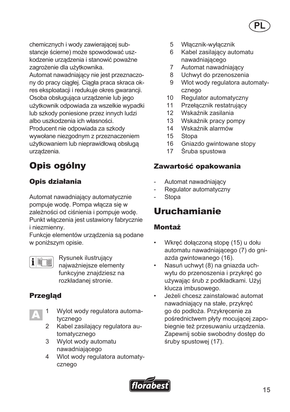 Opis ogólny, Uruchamianie | Florabest FHA 1100 A1 User Manual | Page 15 / 66