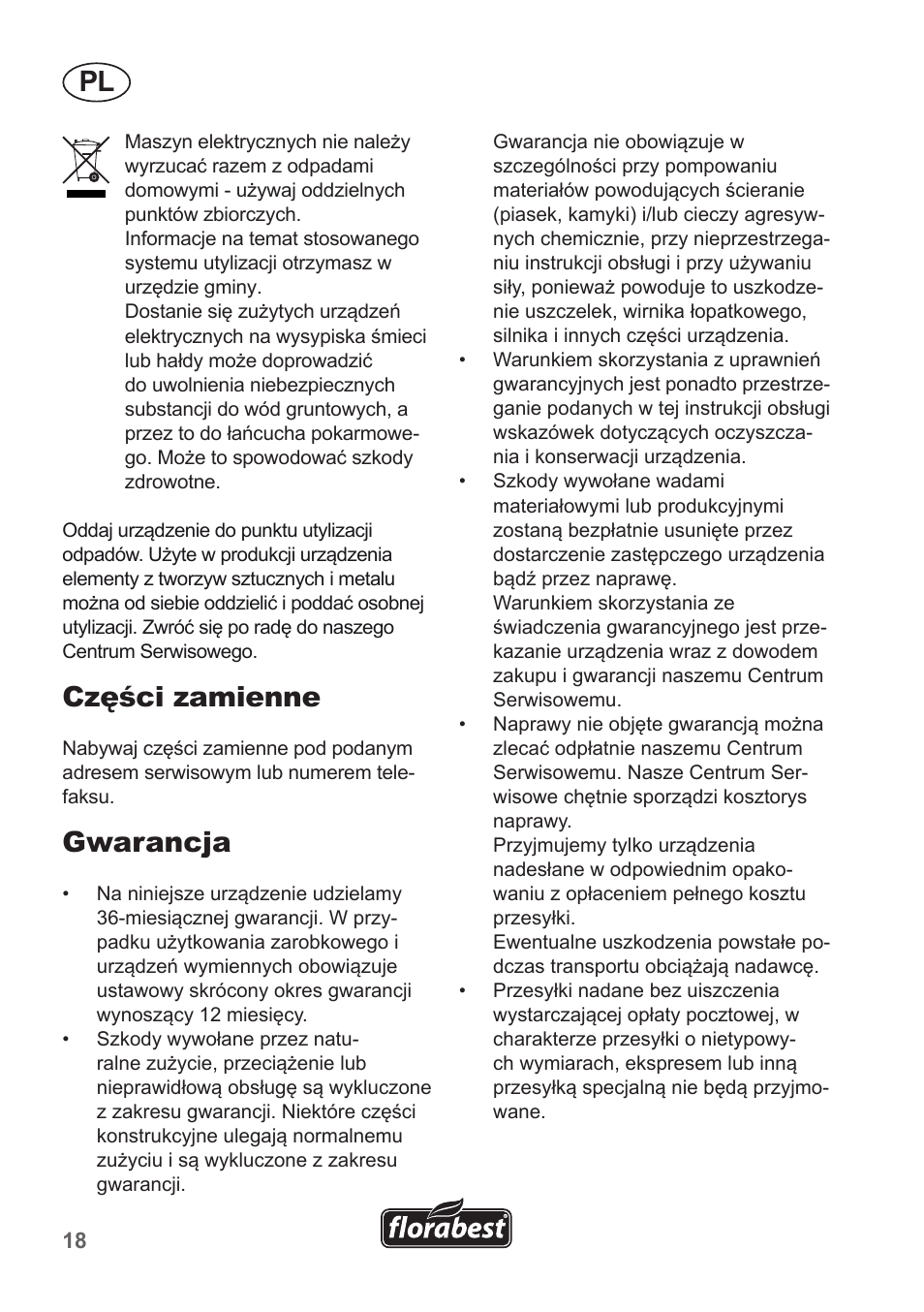 Części zamienne, Gwarancja | Florabest FHA 1100 A1 User Manual | Page 18 / 66