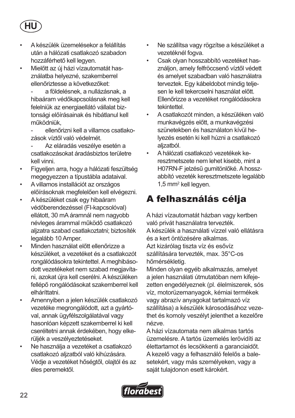 A felhasználás célja | Florabest FHA 1100 A1 User Manual | Page 22 / 66