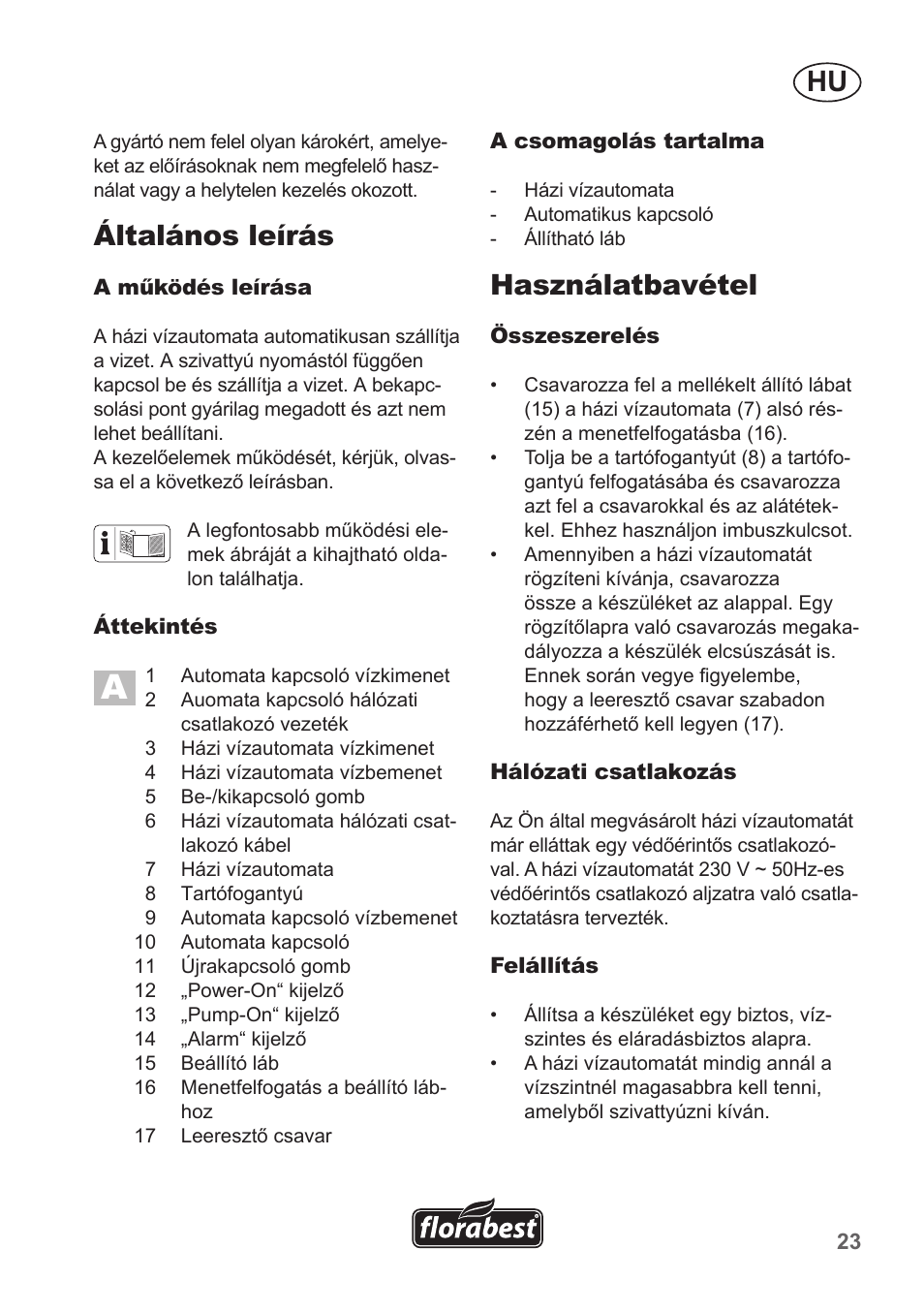 Általános leírás, Használatbavétel | Florabest FHA 1100 A1 User Manual | Page 23 / 66