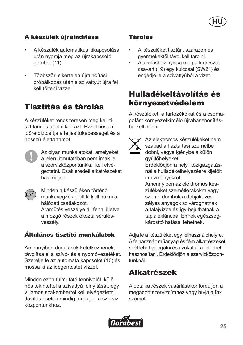 Tisztítás és tárolás, Hulladékeltávolítás és környezetvédelem, Alkatrészek | Florabest FHA 1100 A1 User Manual | Page 25 / 66