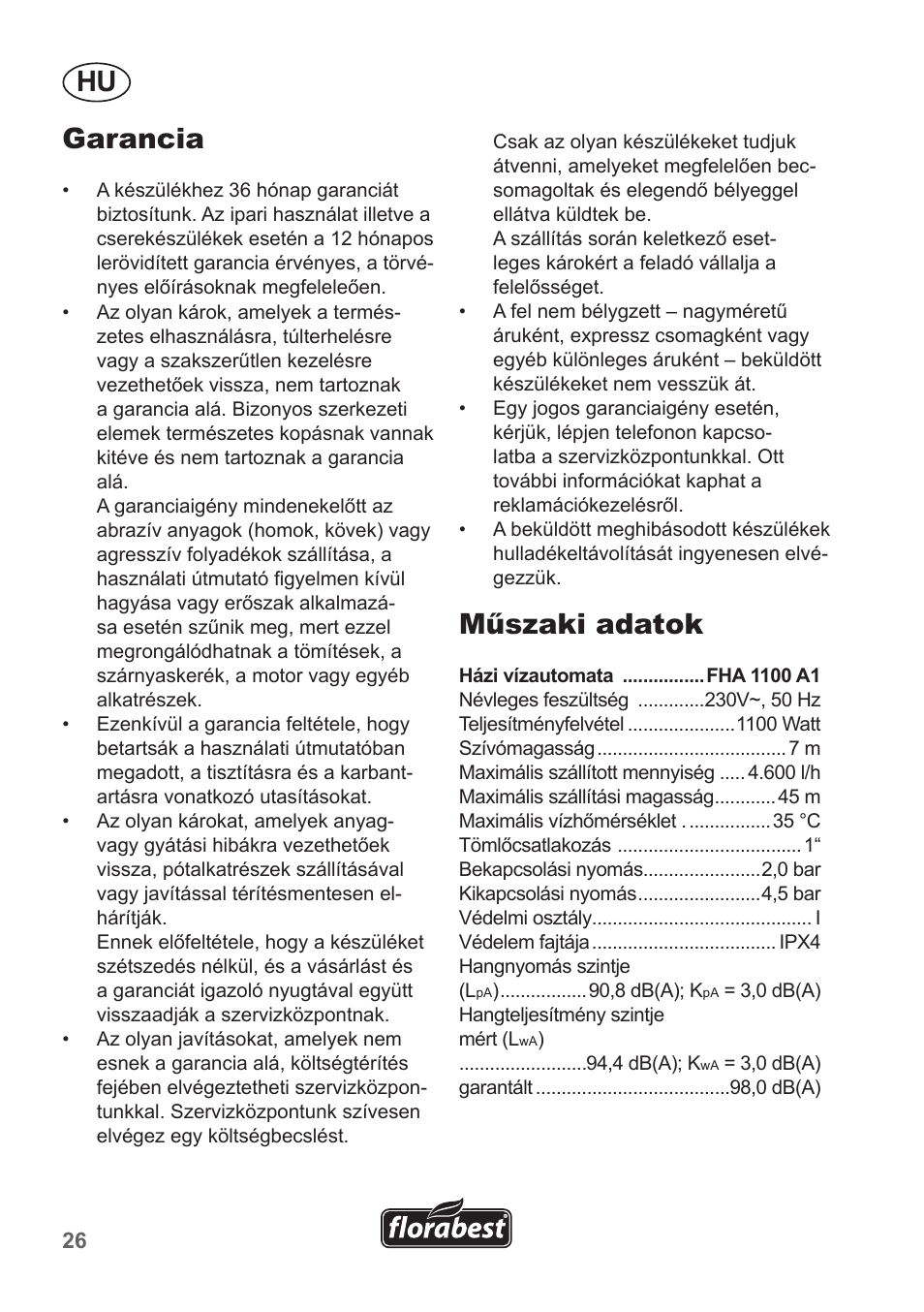Hu garancia, Műszaki adatok | Florabest FHA 1100 A1 User Manual | Page 26 / 66
