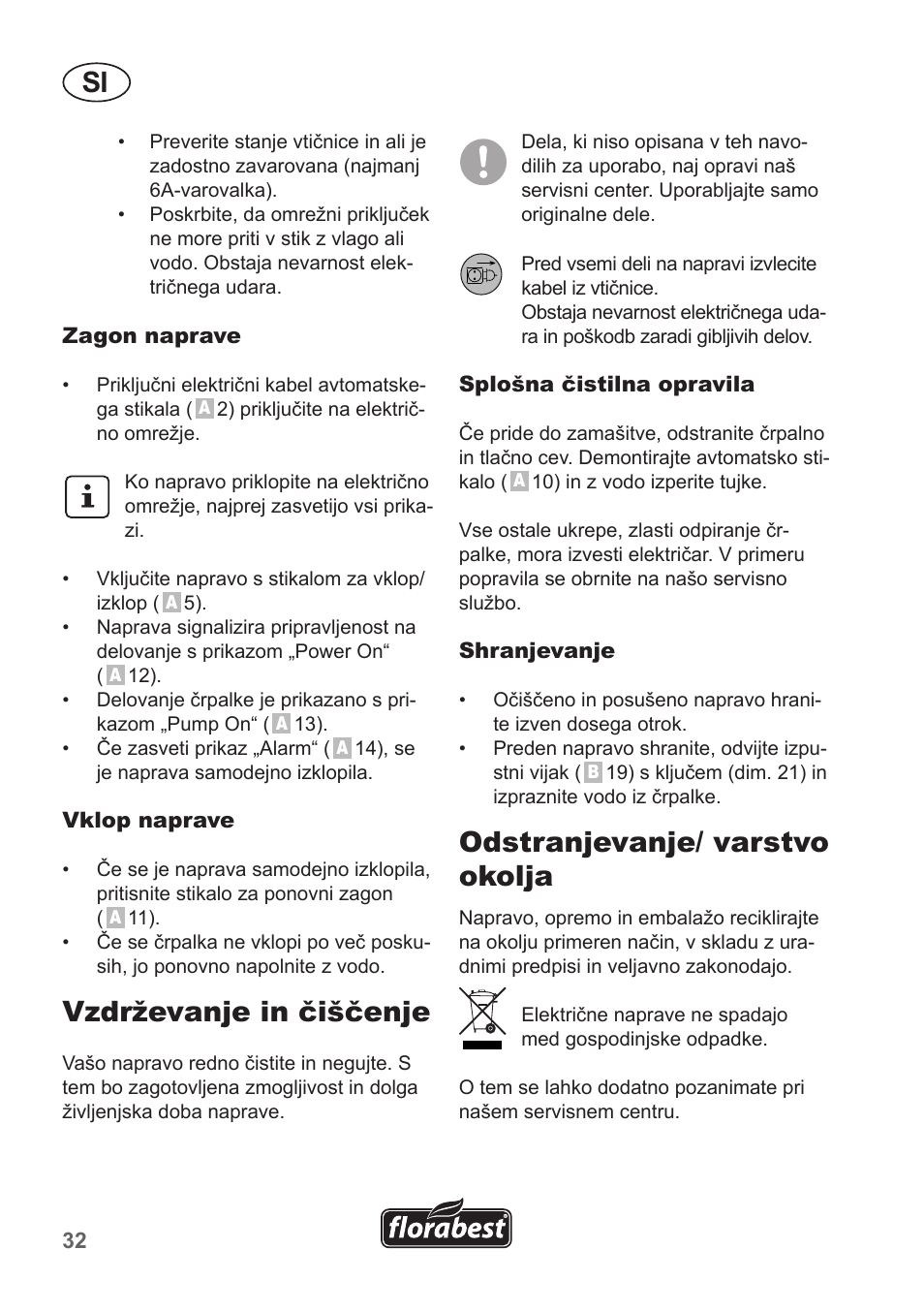 Odstranjevanje/ varstvo okolja, Vzdrževanje in čiščenje | Florabest FHA 1100 A1 User Manual | Page 32 / 66