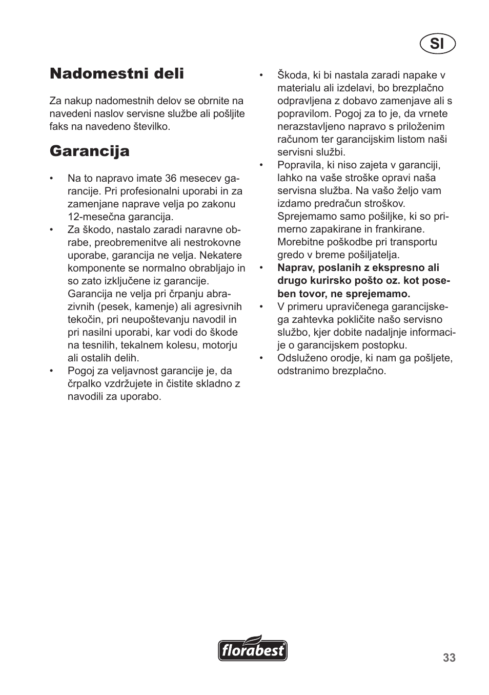 Nadomestni deli, Garancija | Florabest FHA 1100 A1 User Manual | Page 33 / 66