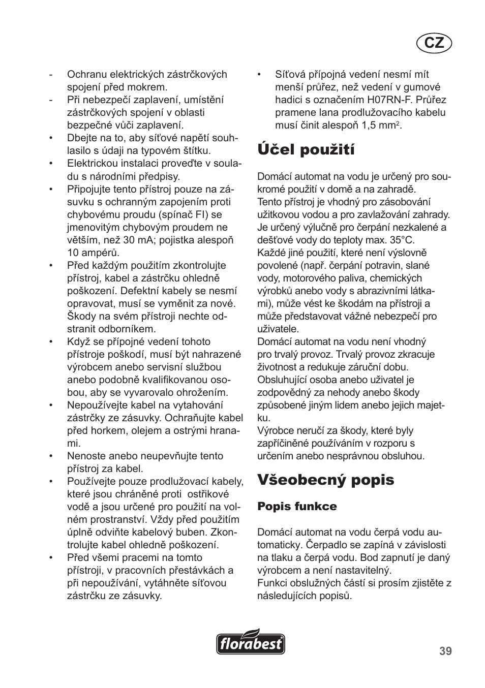 Účel použití, Všeobecný popis | Florabest FHA 1100 A1 User Manual | Page 39 / 66